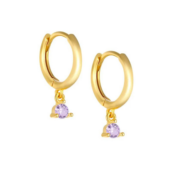 Load image into Gallery viewer, Calla Purple Stone 18K Gold Plated Sterling Silver Little Huggie Earrings
