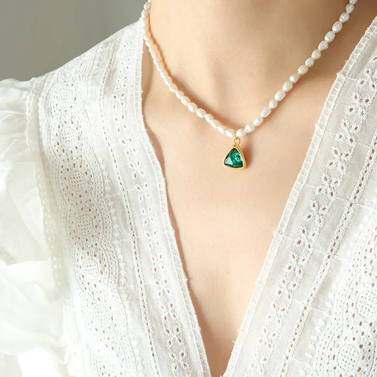 Vida Emerald Stone Freshwater Pearl Stainless Steel Necklace