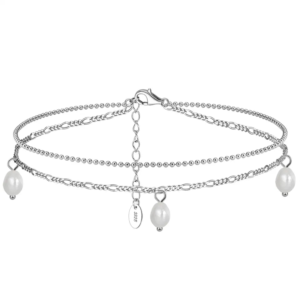 Lalia Sterling Silver Double Chain with Freshwater Pearls Anklet