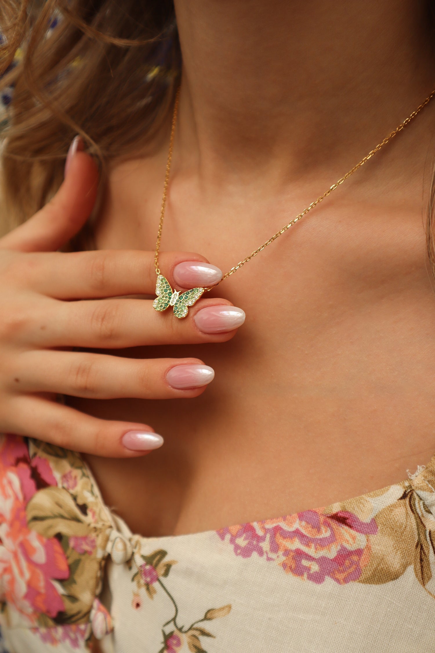 Painted Lady Butterfly Emerald Sterling Silver Necklace