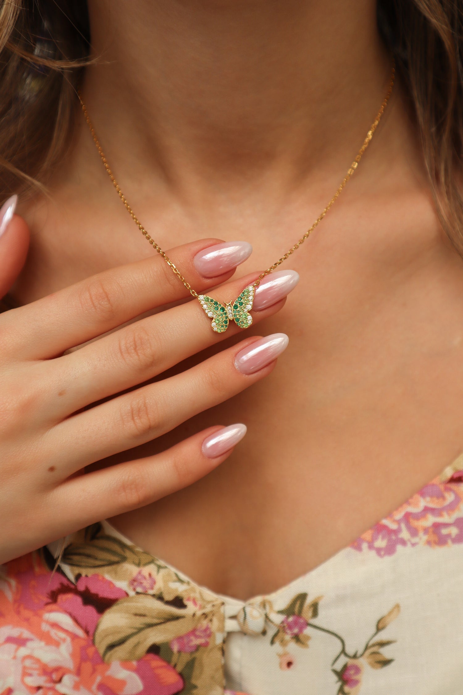 Painted Lady Butterfly Emerald Sterling Silver Necklace