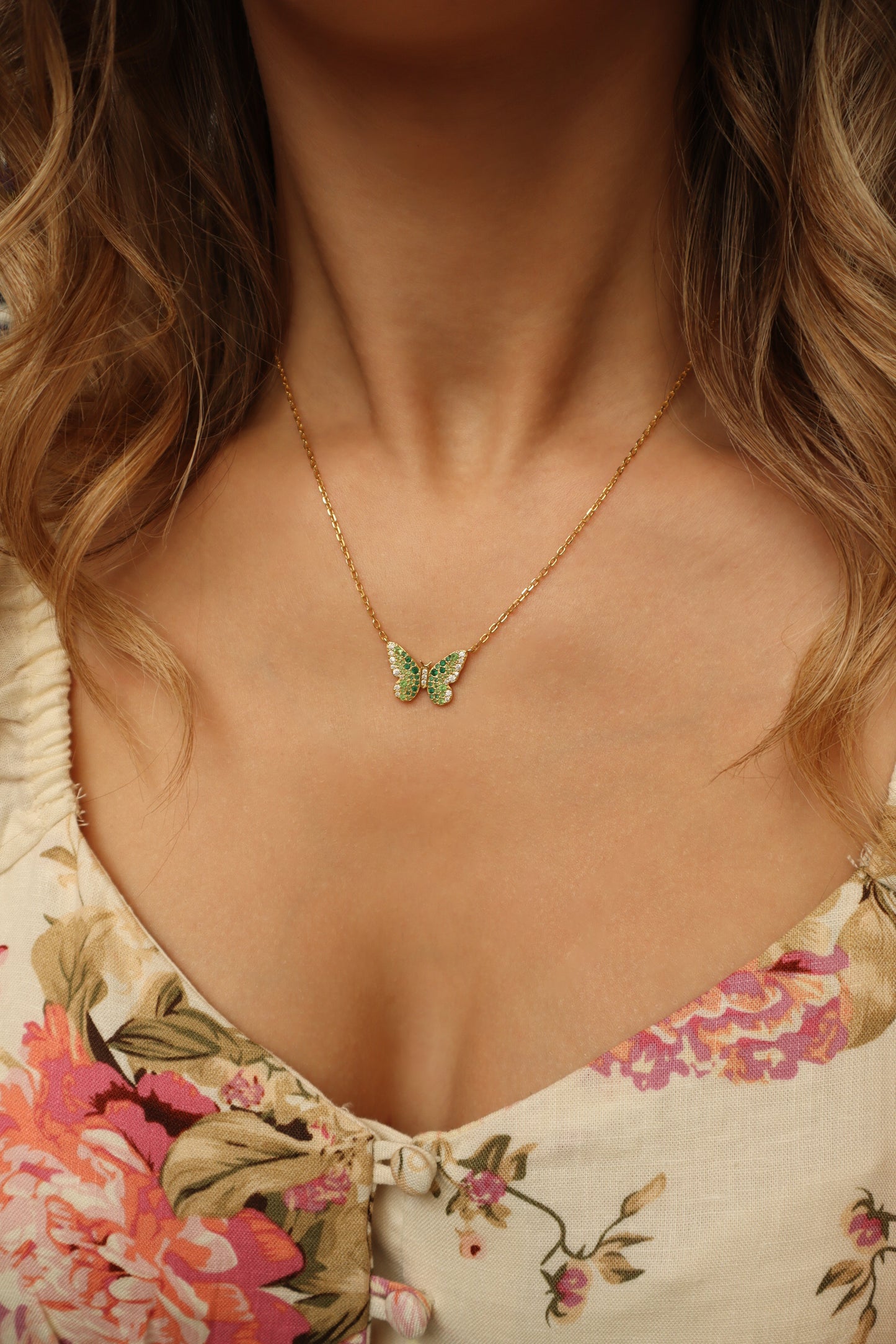 Painted Lady Butterfly Emerald Sterling Silver Necklace
