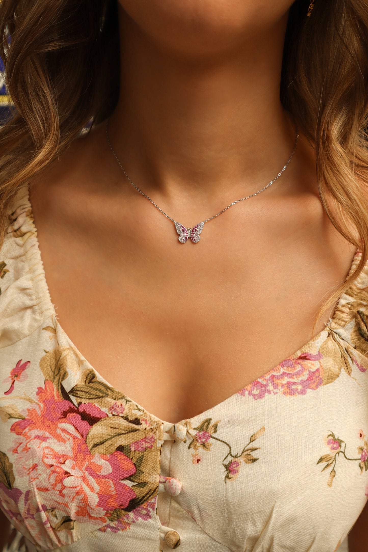Painted Lady Butterfly Raspeberry Sterling Silver Necklace