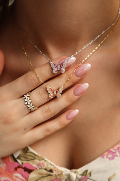 Painted Lady Butterfly Raspeberry Sterling Silver Necklace