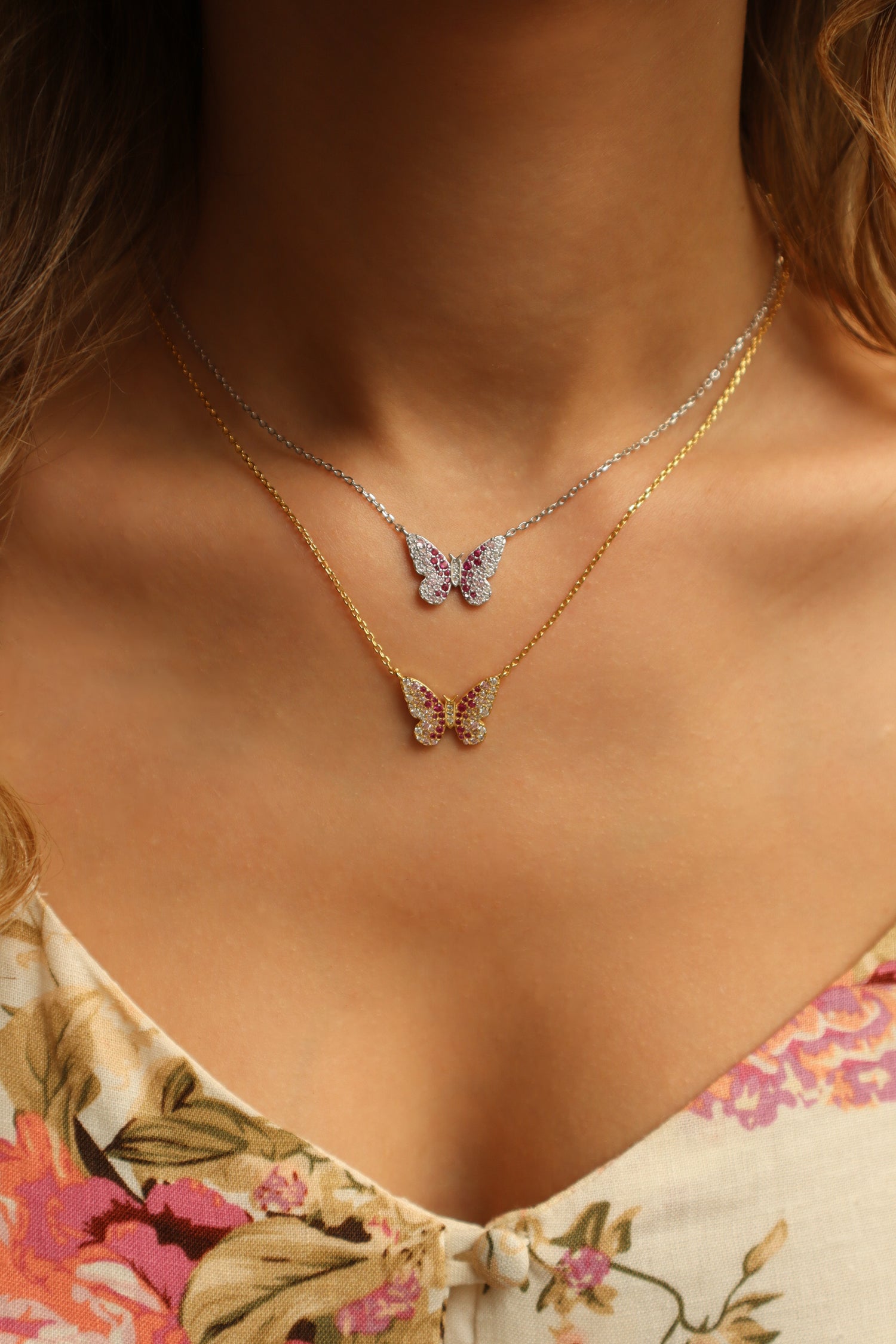 Painted Lady Butterfly Raspeberry Sterling Silver Necklace