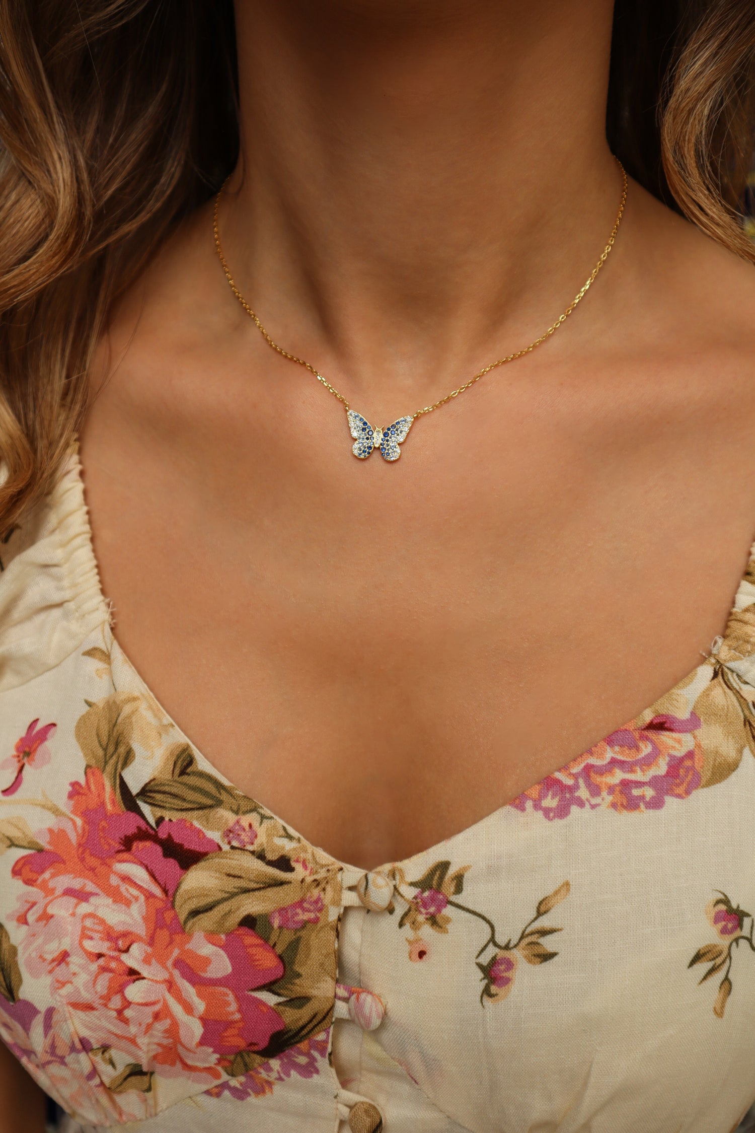 Painted Lady Butterfly Blue Sterling Silver Necklace