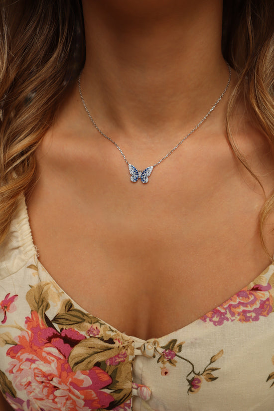 Painted Lady Butterfly Blue Sterling Silver Necklace