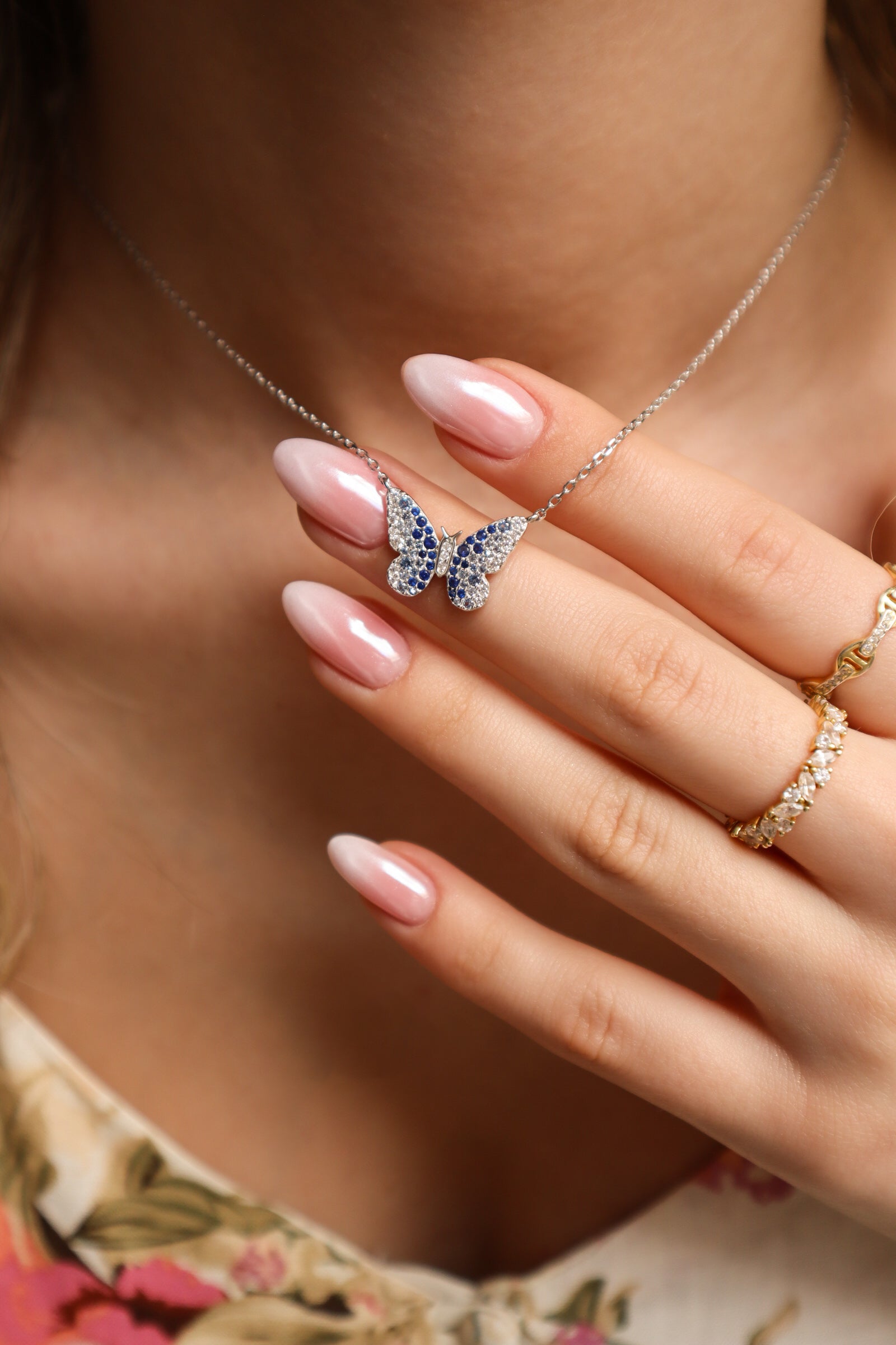 Painted Lady Butterfly Blue Sterling Silver Necklace