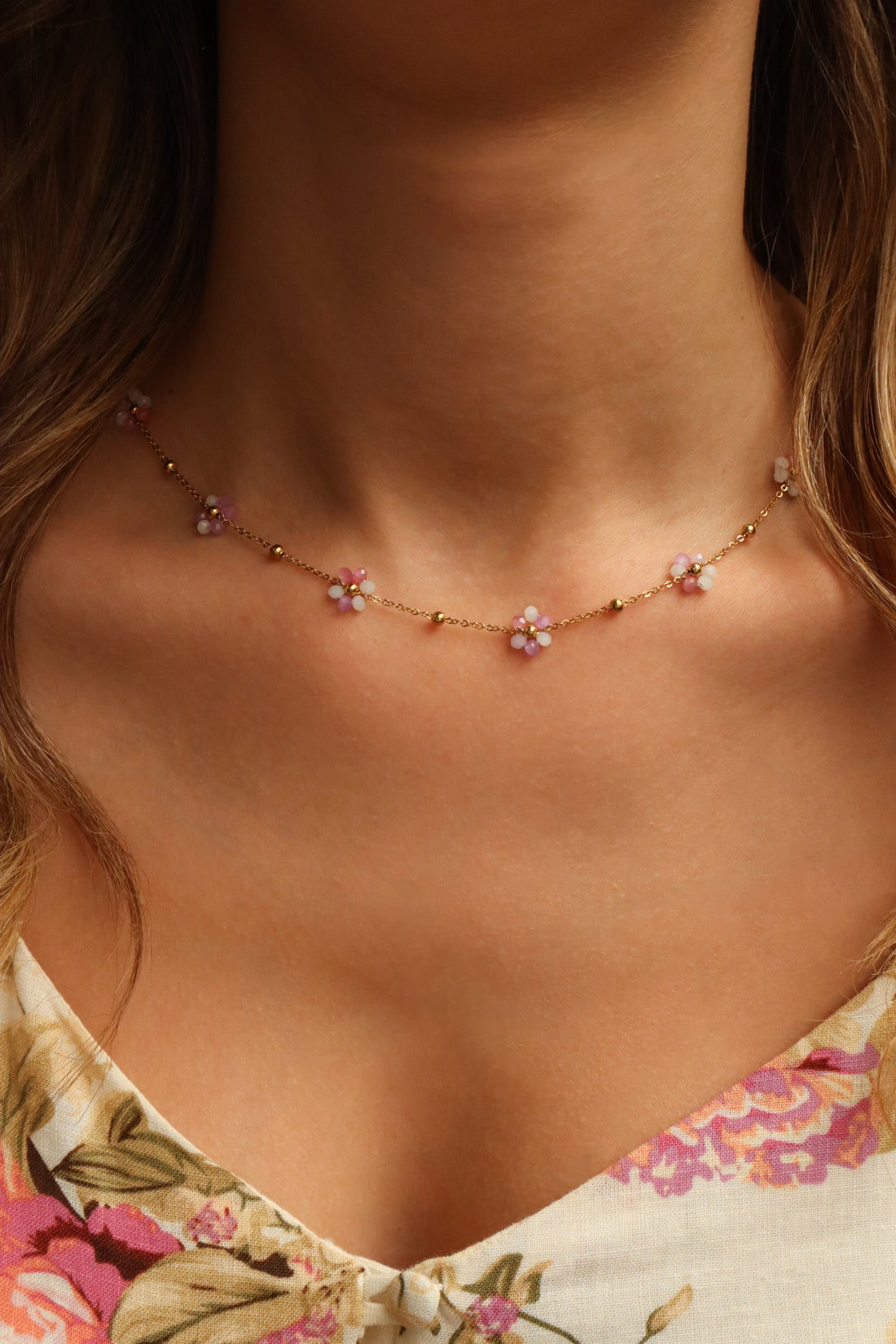 Meredith Pink Flowers Stainless Steel Necklace