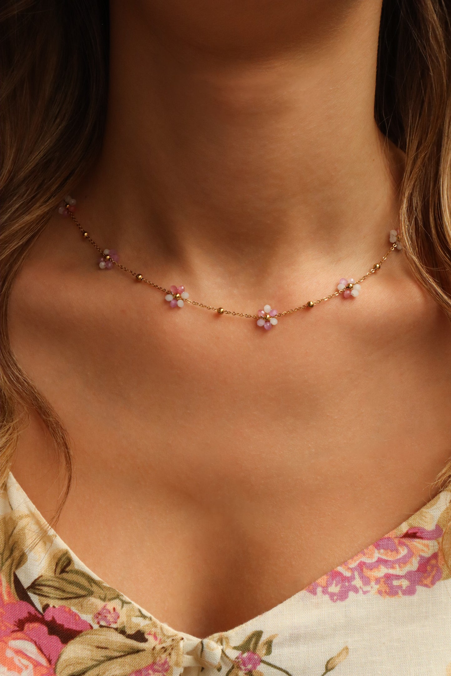 Meredith Pink Flowers Stainless Steel Necklace