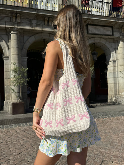 Blush Bow Knitted Tote Bag