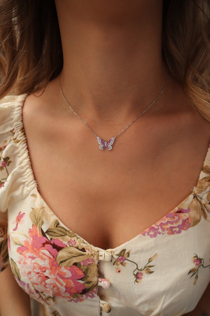 Painted Lady Butterfly Raspeberry Sterling Silver Necklace