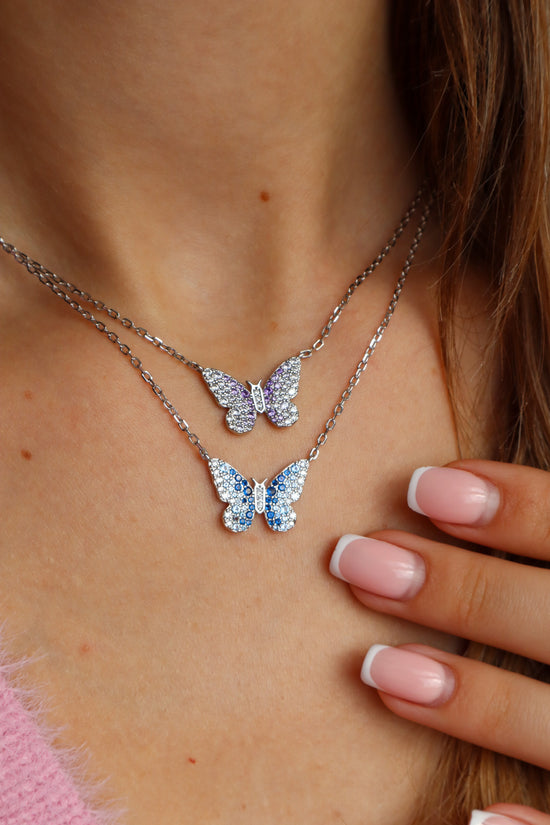 Load image into Gallery viewer, Blue Painted Lady Butterfly Sterling Silver Necklace
